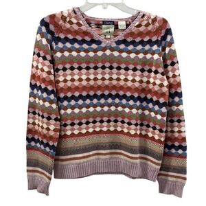 Cousin Johnny Womens Cotton Knit V-Neck Sweater Multicolor Geometric Diamond L